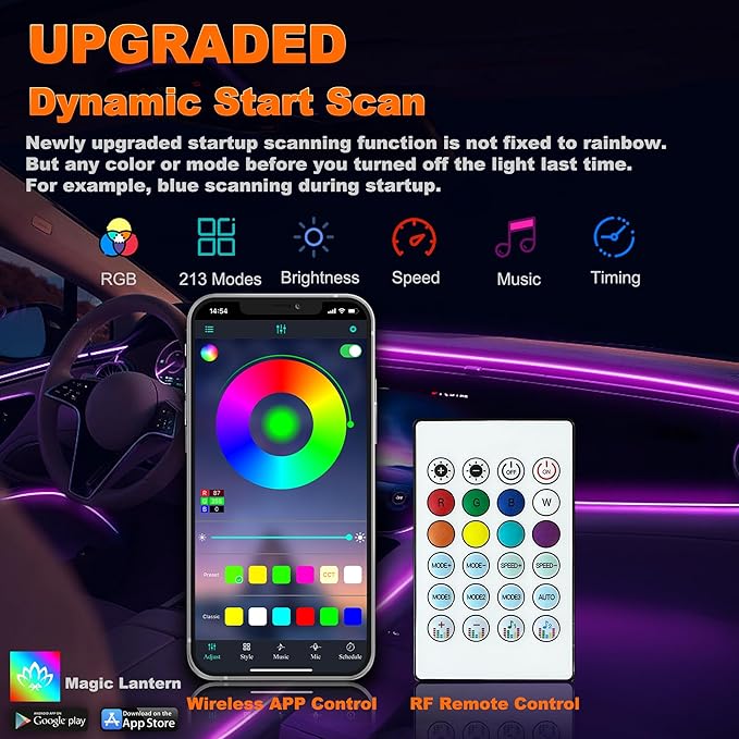 Jushope Acrylic LED Lights - Interior Car Ambient Lighting Kits with Dynamic Rainbow Dream Color Chasing, Music Sync (6 in 1(4 * 29.5+43.3+14.5 inches))
