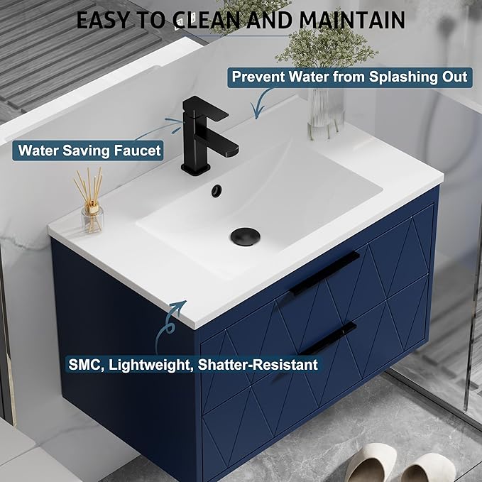eclife 30" Bathroom Vanities Cabinet with Sink Combo, Wall Mounted Floating Cabinet W/Decor Line, Soft-Close System, 2 Extra Big Drawers, Matte Black Faucet, Navy Blue