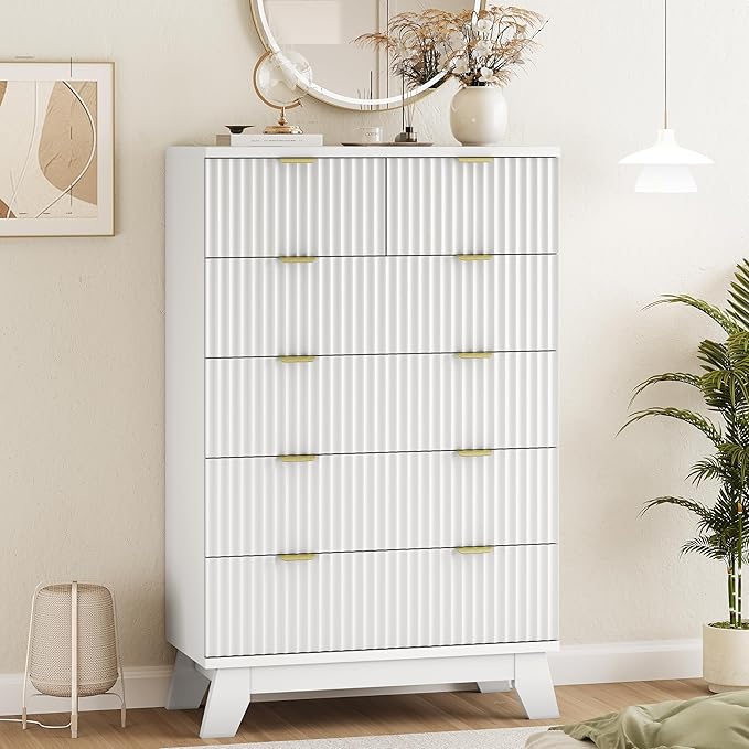 Xixini Fluted Dresser for Bedroom with 6 Drawers, 46" Tall Modern Chest of Drawers with Metal Handle, Wooden Dresser TV Stand, Wood Closet Clothes Storage Organizer for Living Room, Hallway, White