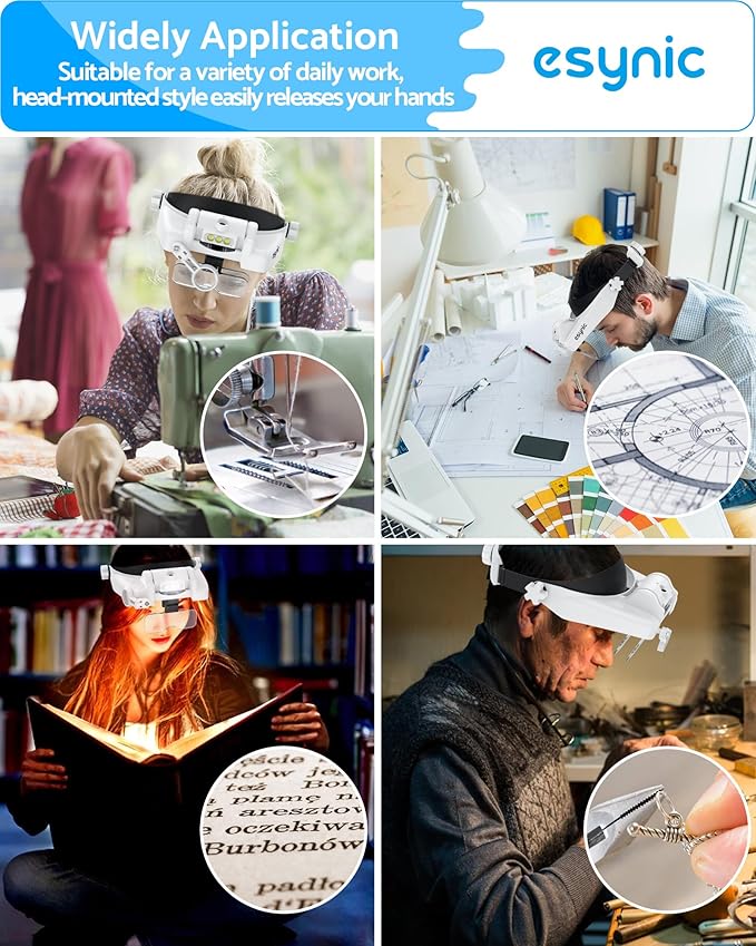 eSynic Comfortable Head Magnifier with Light Storage Case Rechargeable 1X-14X 5 Acrylic Lenses Double Lens Design Adjustable Headband Magnifying Glass for Reading Crafts Jewelry Repair Close Work