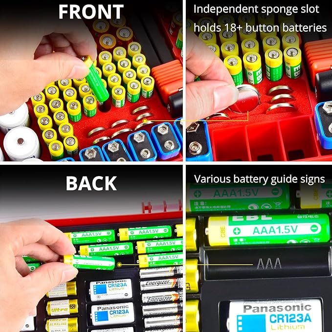 Aptbyte Battery Organizer Storage Holder Box Case with Tester- 269 Batteries Double-Sided Variety Pack, Holds AA AAA 4A C D Cell 9V 3V Lithium LR44 CR2 CR123 CR1632 18650 Button- Red (Box Only)