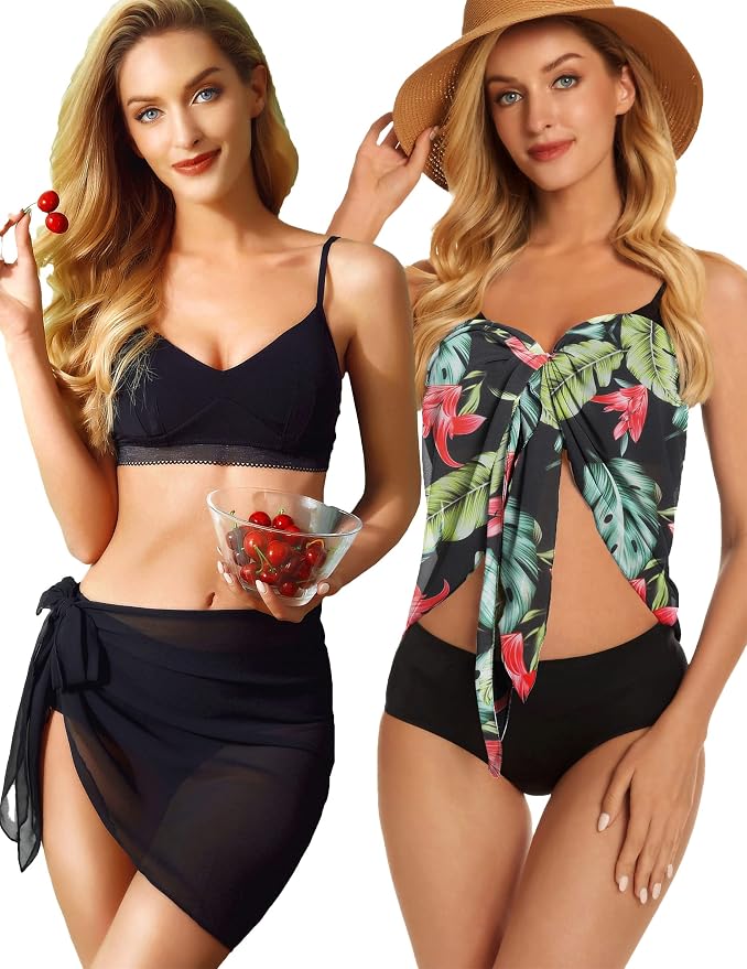 CHICGAL 2 Pieces Women Beach Sarong Bathing Suit Wrap Skirt Sheer Bikini - Image 3
