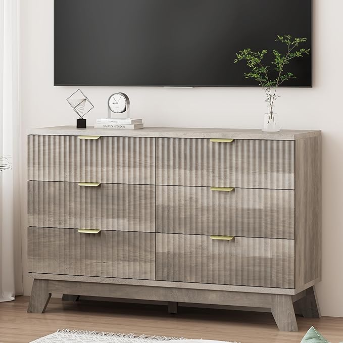 Xixini Fluted Dresser for Bedroom with 6 Drawers, 48" Wide Modern Chest of Drawers with Metal Handle, Wooden Dresser TV Stand, Wood Closet Clothes Storage Organizer for Living Room, Hallway, Grey