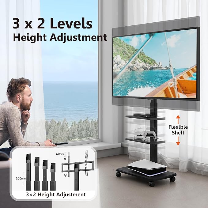 FITUEYES Swivel Rolling TV Stand, Height Adjustable Mobile TV Cart for 32-65 70 Inch TVs, Corner Floor TV Stand for Bedroom, Living Room, Home Office, Kitchen, Black