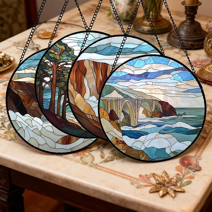 DASTOLL Stained Glass Window Hanging 4 Pcs Set Ocean Waves 7.8" - Blue and White Sea Suncatcher Door Garden Sun Catcher Decor Birthday Christmas for Mom Woman Nana Men
