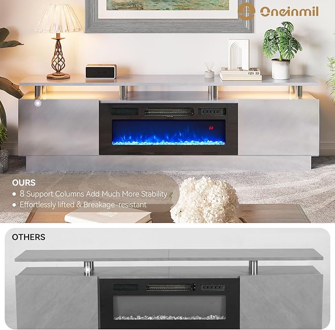 oneinmil Fireplace TV Stand with 36” Electric Fireplace, 80” 2 Tier TV Console Stand for TVs Up to 90", LED Light Entertainment Center, Fireplace for The Living Room TV Stand, Gray