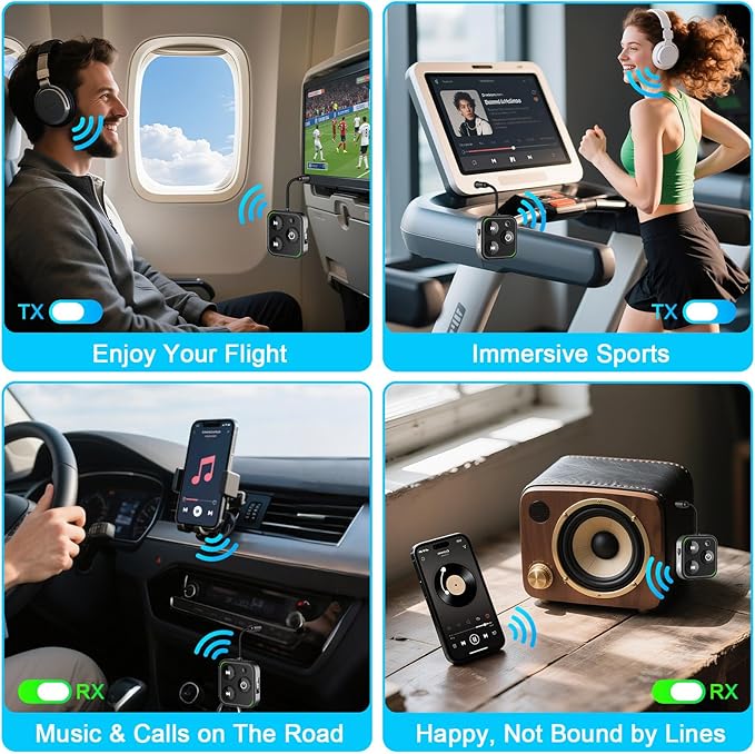 2026 Pro Bluetooth 5.4 Transmitter Receiver, 2-in-1 Wireless Audio Adapter for Airplane/TV/PC/Gym - Dual Link Headphone, Low Latency, Battery Display, Built-in Mic, 30H Playtime, Aviation Metal Frame
