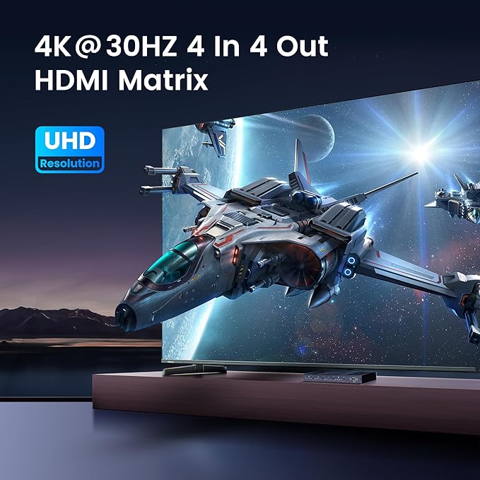 4x4 HDMI Matrix Switch 4K 30Hz, 4 in 4 Out HDMI Switch with Remote Supports HDR, 3D, HDMI 1.4, HDCP 1.4, Downscaler 4K & 1080P, 4 Way HDMI Splitter Switch for Fire TV Stick, Xbos, PS4/5