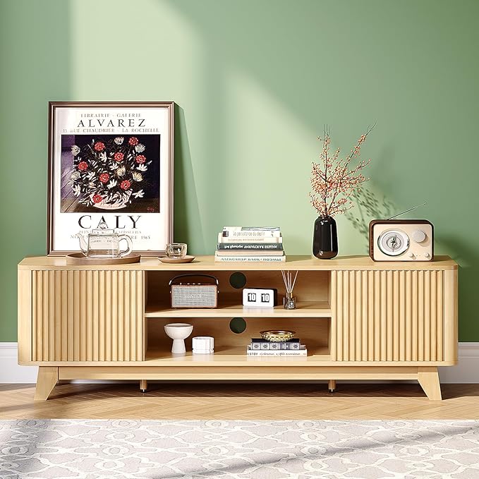 VINGLI 58.6" TV Stand for 70 Inch TV, Mid Century Entertainment Center with Fluted Sliding Doors and Open Storage, Elegant Media Console for Living Room, Oak