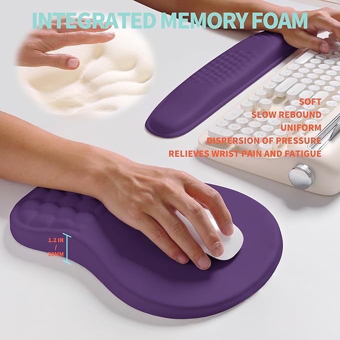 KUOSGM 2-in-1 Ergonomic Set, Wave Rise Keyboard Wrist Rest and Massage Bulge Slope Mouse Pad Wrist Support, Cushion Memory Foam Integrated to Relieve Wrist Pain, Dark Purple