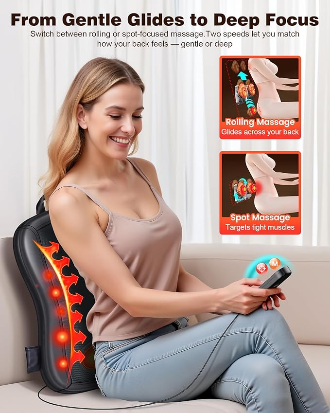 JZBRAIN Shiatsu Back Massager with Heat : Up and Down Rolling Massage - Electric Back Massager for Pain Relief Deep Tissue - Heated Lower Back Massager for Office, Home, Car Use
