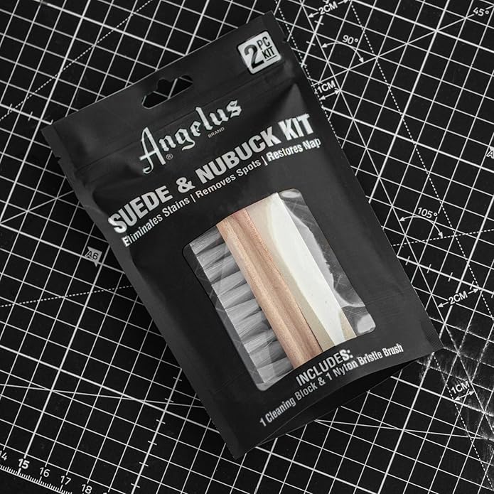 Angelus Suede & Nubuck Cleaner Kit - 1 Cleaning Eraser Block and 1 Nylon Bristle Brush - Eliminates Stains, Removes Spots, Restores Nap - for Leather Suede Shoe, Handbags, Jackets, Boots, Furniture