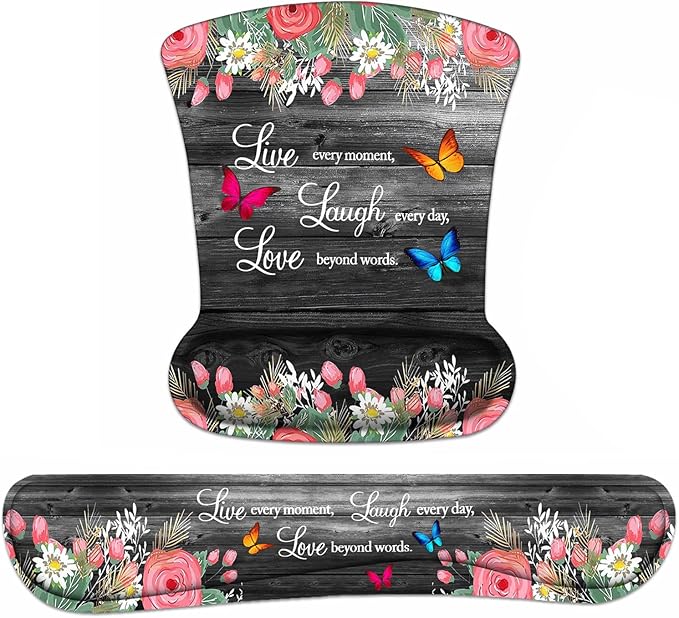 Keyboard Wrist Rest and Mouse Pad Wrist Support Set with Coasters, Non-Slip PU Base Ergonomic Gaming Mousepad for Home Office Working Studying Easy Typing & Pain Relief, Floral Quote Live Laugh Love