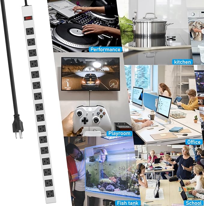 JUNNUJ Metal 16 Outlet Power Strip, Mountable Heavy Duty Power Strip, 1200J Surge Protector Wall Mount Screws Outlet with Switch, Gaming Desk Strips Wide Spaced 15A 125V 1875W, 6 FT 14AWG Power Cord