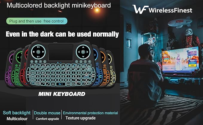 Wireless Mini Keyboard Remote Control Touchpad Mouse Combo Controller with RGB Backlit for Android TV Box Smart TV with OS+USB PC Computer Laptop Window OS HTPC Home Theater PC + USB 2.4GHz Dongle