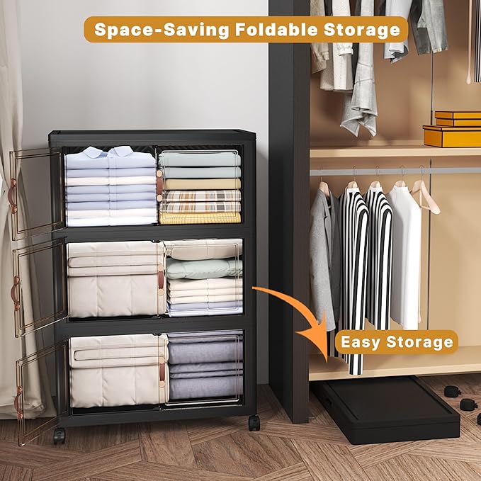 Extra Large Stackable Storage Bins with Lids & Wheels, 165QT-55QT/14GAL*3Pack Foldable Collapsible Closet Organizers Dark Storage Cabinet with Doors for Bedroom Dorm