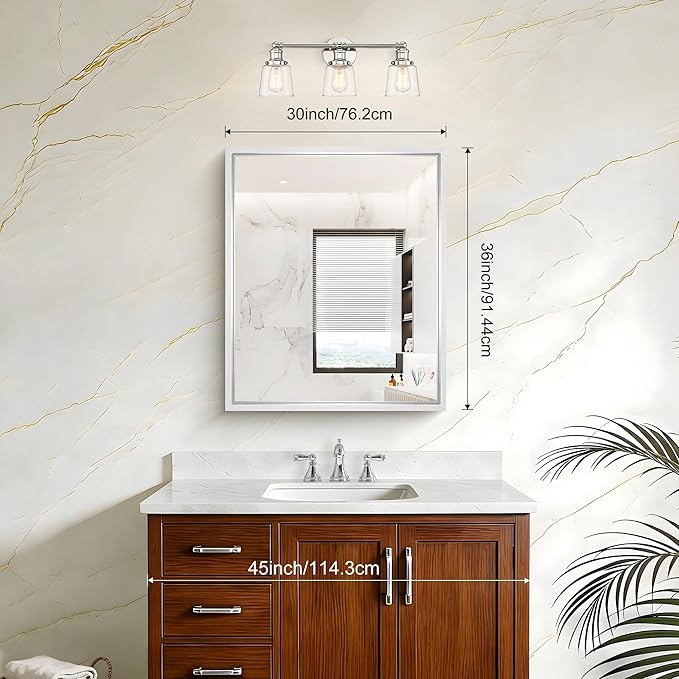 Silver Bathroom Mirror, 36 x 30 Inch Rectangular Wall Mirror 0.6" Thickened Deep Frame, Brushed Silver Vanity Mirrors for Bathroom Sink, Modern Farmhouse, Tempered Glass, Horizontal/Vertical
