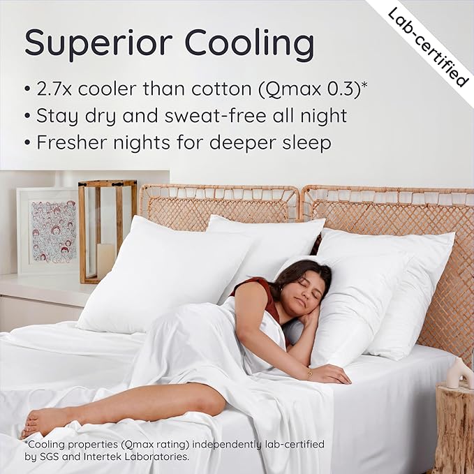 Bambaw 100% Viscose Derived from Bamboo Queen Size Sheet Set - 6pcs Cooling Sheets, Breathable, Super Soft, Fits Up to 16'' Mattress Depth, White