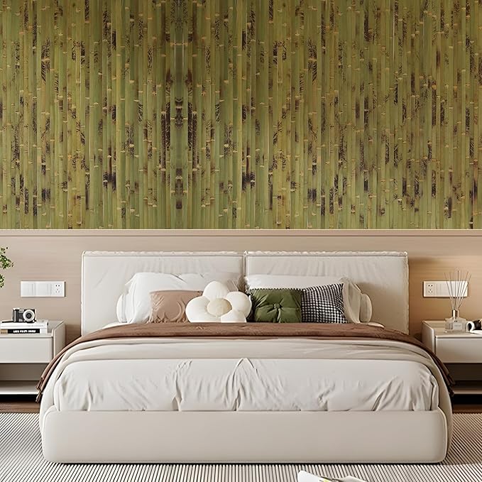 OUZUGIE 1 Pack 96x48 Inch Natural Bamboo Wall Panel – Green Burned Pole Wrap Paneling for Walls, Ceilings, Cabinets, Furniture – Ideal for Bedroom, Living Room & Office DIY Decor