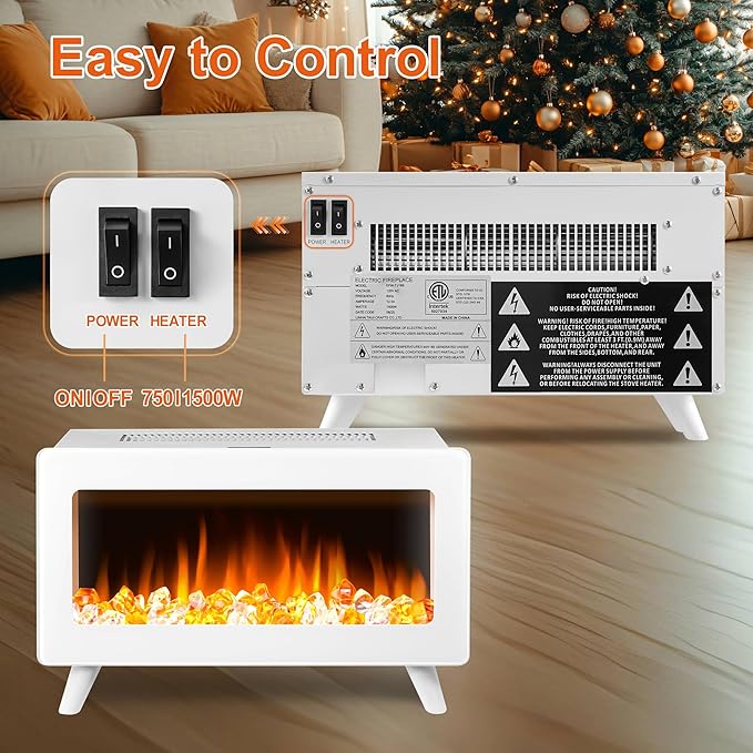 FLAME&SHADE 16 in Small Electric Fireplace Heater - Desk Space Heater with Realistic LED 3D Flames, Freestanding Fire Places Stove, 750 | 1500w, Overheating Protection (White)