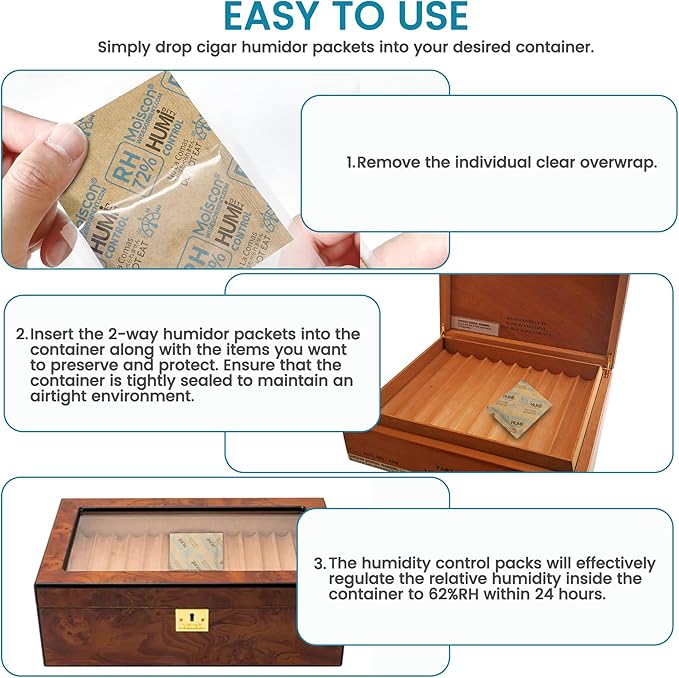 Wisesorb 72% Two-Way Humidity Control Packs- 8 Gram Moisture Absorbers for Herbs, Wood Humidifier Boxes - Natural Craft Paper Design, Individually Sealed Packets, Prevents Leaks [90 Pack]