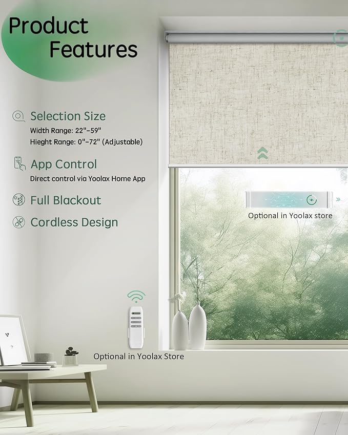 Yoolax Motorized Blinds App Control, Blackout Roller Shades for Windows, Cordless Automatic Shades Roller Window Blinds for Bedroom Living Room Office(Blackout Artisan Beige, 38" W x 72" H)