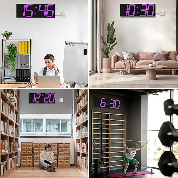 CHKOSDA LED Large Digital Wall Clock, Oversize Wall Clock with 6” Numbers, Remote Control Count up/Countdown Timer Clock, Auto Dimmer, Big Calendar and Thermometer(Purple)