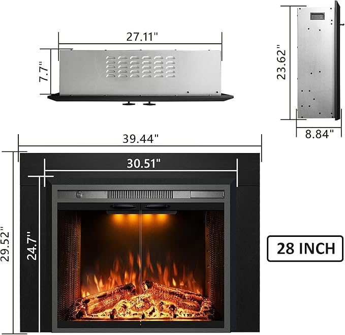 Velaychimny 40" Electric Fireplace Insert with Metal Trim Kit, Adjustable Flame, Fire Crackling Sound, Top Light Colors, Timer, Glass Door & Mesh Screen, Black