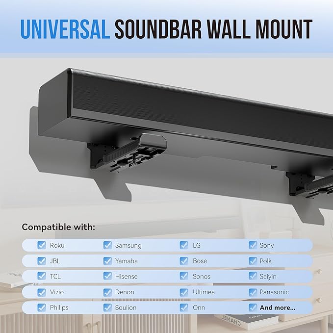 Agandax Soundbar Wall Mount Bracket for Samsung, Sony, LG, Vizio, Bose, JBL and More Sound Bar Mounts Under TV, Depth Adjustable 3.7”-6.4”, Hold up to 38 lbs, Soundbar Shelf
