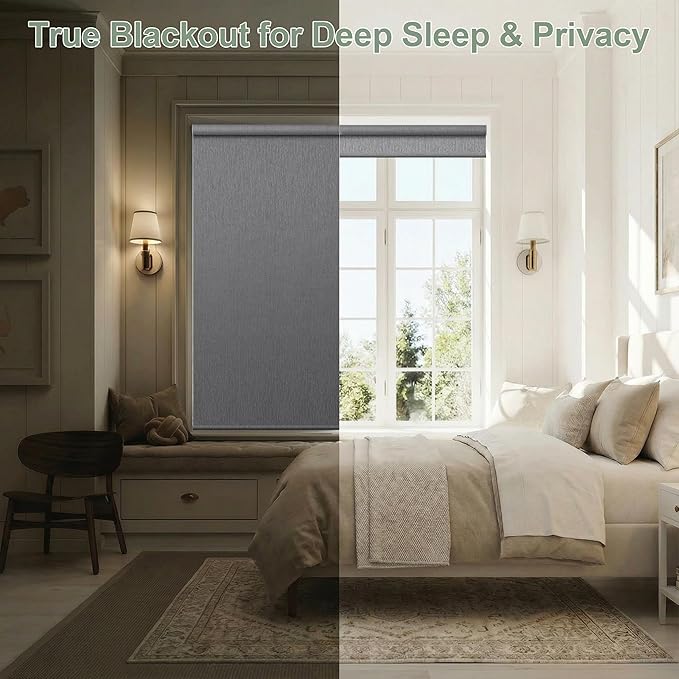 Zshine Motorized Blackout Window Blinds Customize Width (23-95 Inches) Remote Control Wireless and Rechargeable Roller Shades Blinds for Windows, Home, Office, Hotel, Club, Restaurant(82164D)