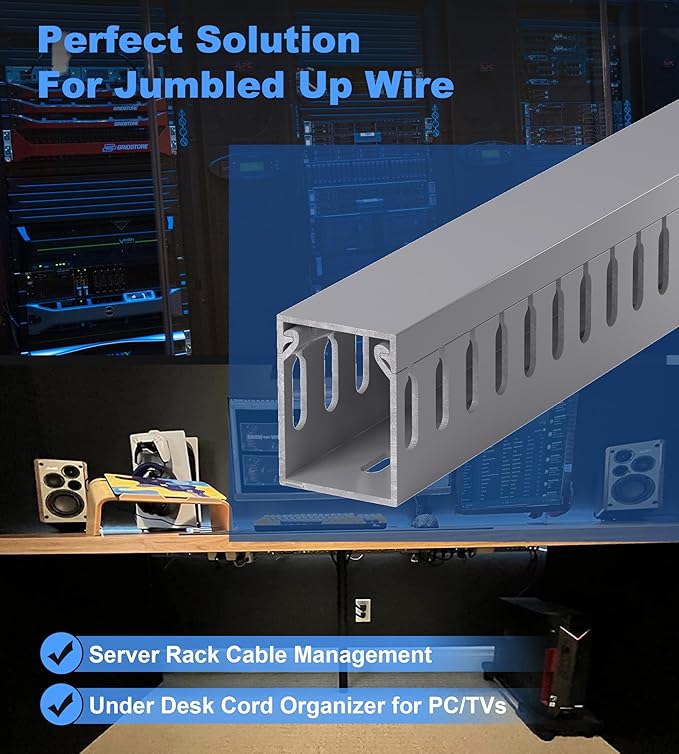 ZhiYo H1.6xW1.2in Cable Raceway, 13.2ft (4xL3.3ft) Server Rack Cable Management Under Desk Cord Organizer, Electrical Safe PVC Cable Channel Open Slot Wire Raceway for Network/PC/TVs, Wire Duct Black