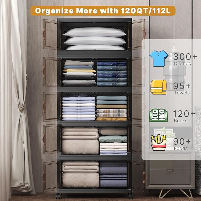 Extra Large Stackable Storage Bins with Lids & Wheels, 275QT-55QT/14GAL*5Pack Foldable Collapsible Closet Organizers Dark Storage Cabinet with Doors for Bedroom Dorm