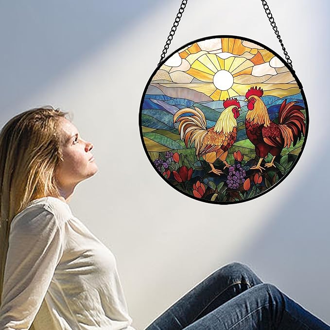 AMDERVEN Stained Glass Window Hanging, Countryside Scenery Chicken Sun Catcher for Door Home Decor Sunrise Suncatcher Christmas Mother's Day Birthday Gifts for Women Men Mom Nana 11.8 in