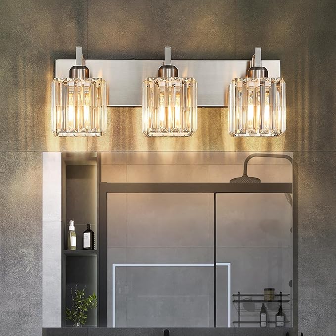 FDPBY Modern Bathroom Vanity Light 3-Lights Brushed Nickel Vanity Light Crystal Wall Light Bathroom Light Fixtures
