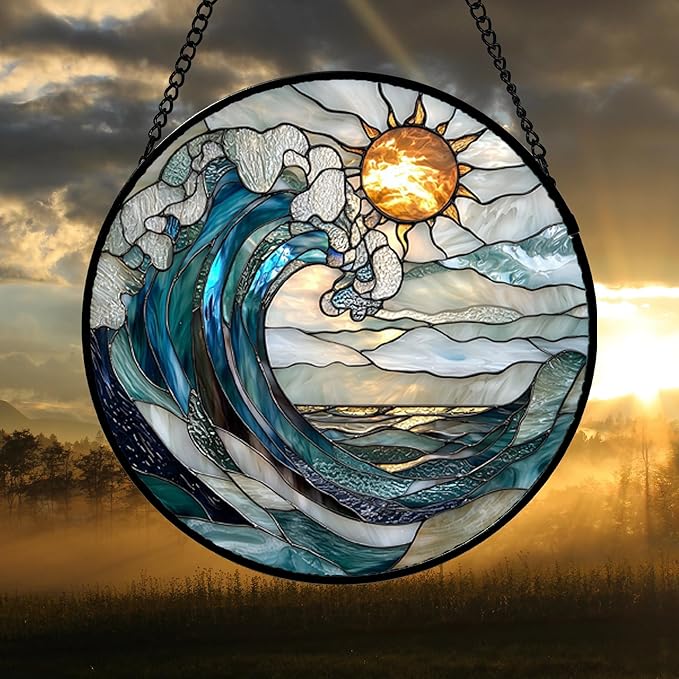 DASTOLL Stained Glass Window Hanging, Blue and White Waves Suncatcher Diamond Glass Panel Landscape Sun Catchers Decor for Birthday for Women, Men, Wife, Aunt, and Mom 14.9x14.9 in