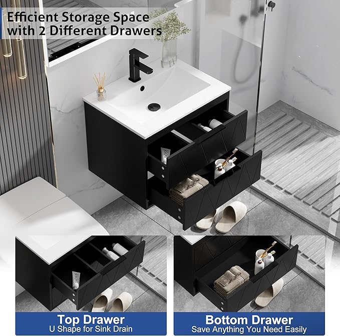 eclife 24" Bathroom Vanities Cabinet with Sink Combo, Wall Mounted Floating Cabinet W/Decor Line, Soft-Close System, 2 Extra Big Drawers, Matte Black Faucet, Black