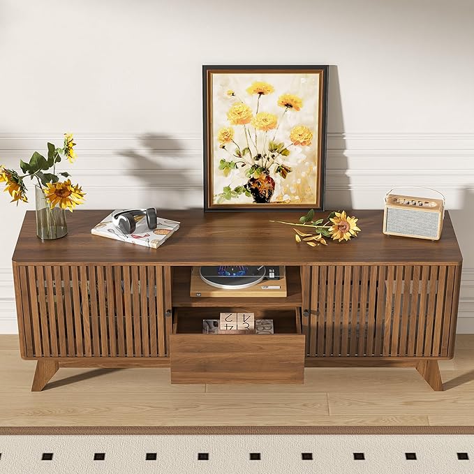 Oubayajia Mid Century Modern TV Stand for Televisions up to 70 Inches, with Sliding Doors and Storage, Curved Edge Television Stands, TV Consoles, Media Consoles for Living Room (Walnut, 63inch)
