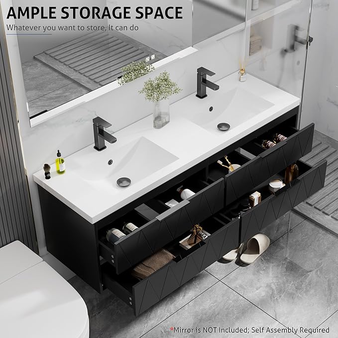 eclife 60" Bathroom Vanities Cabinet with Sink Combo, Wall Mounted Floating Cabinet W/Decor Line, Soft-Close System, 4 Extra Big Drawers, Matte Black Faucet, Black