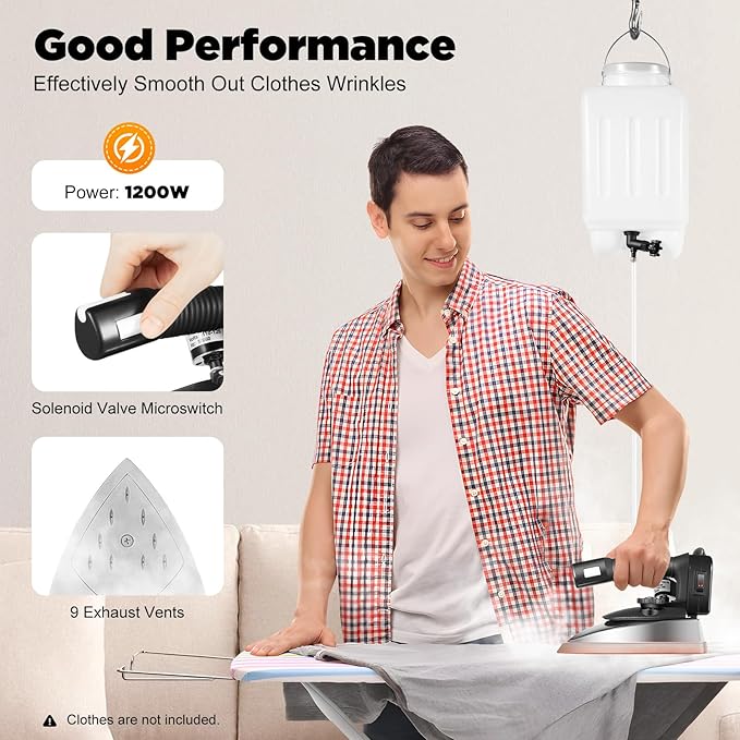 Industrial Gravity Feed Steam Iron 1200W Commercial Electric Iron with 3L Large Capacity Water Bottle, Temperature Adjustable Heavy Duty Clothes Iron for Garment Factory Dry Cleaners Hotels