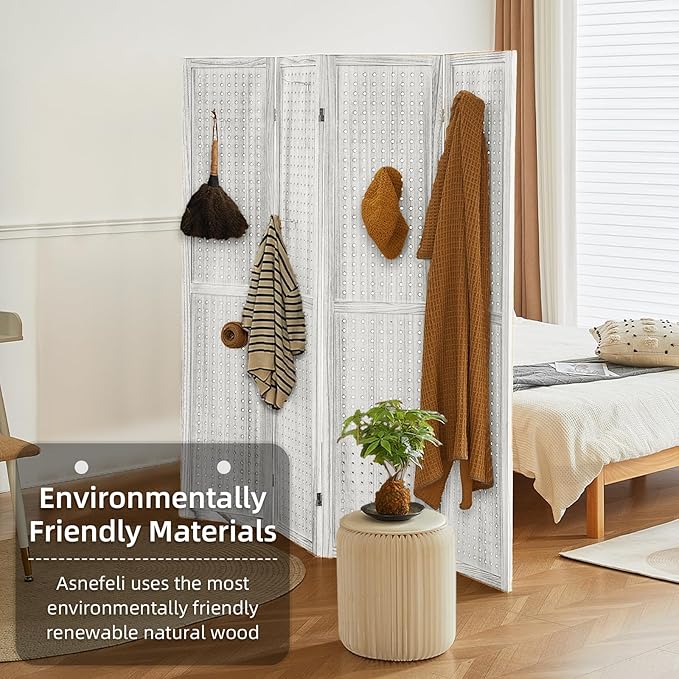 Asnefeli Pegboard Display Room Divider with 16 Hooks, 4 Panel 5.6Ft Wood Room Divider Folding Privacy Screen, Portable Freestanding Wall Organizer for Retail Craft Art Display Board, White