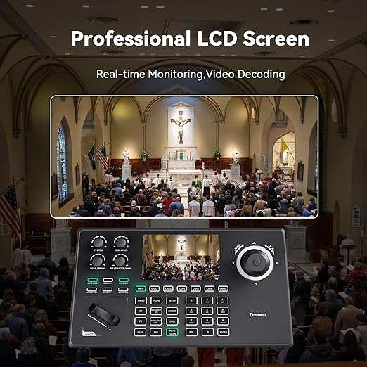 Tenveo NDI PTZ Camera Controller, 5'' LCD Screen Preview, 4D Joystick, PoE IP PTZ Controller Keyboard for Church Worship Live Streaming Broadcasts Events Video Production, NDI License Included
