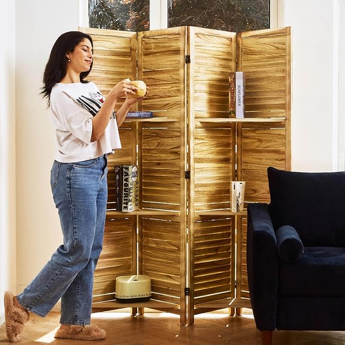 Partition Room Dividers, 67 * 51inch Folding Wood Privacy Screen with Three Display Shelves Suitable for Home Office, Study, Art Display - 4 Panel(Natural)