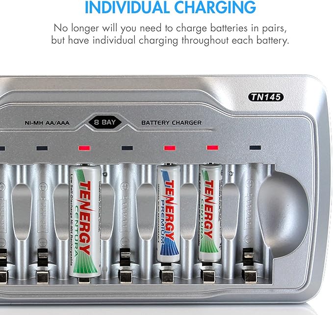 Tenergy TN145 8 Bay Charger and 4 Pack Rechargeable AA Batteries and 4 Pack Rechargeable AAA Batteries, Independent Charging, UL & CE Certified