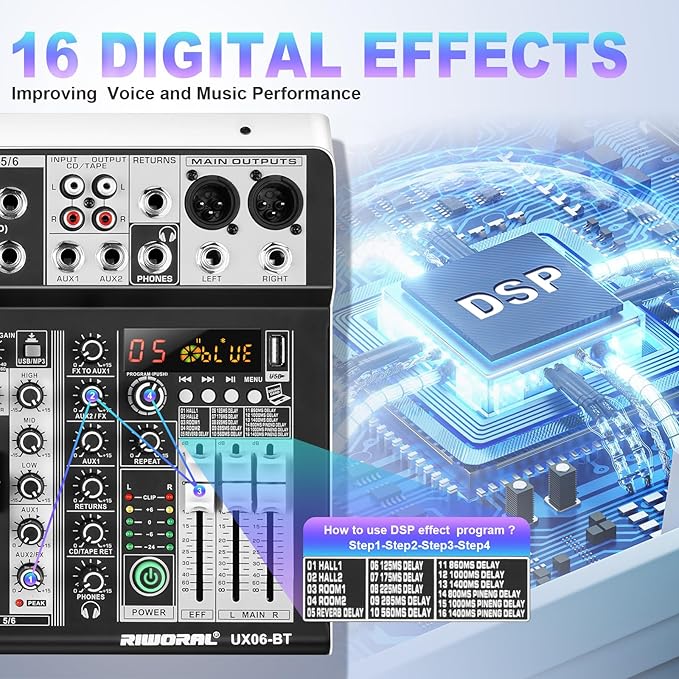 6 Channel Audio Interface Sound Board Mixing Console 16-Bit DSP DJ Mixer Audio Reverb Effect +48V Phantom Bluetooth Studio Audio Mixer For Karaoke Studio Streaming Recording