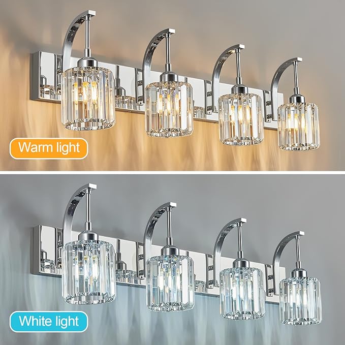FDPBY 4-Light Crystal Vanity Light, Modern Chrome Bathroom Wall Sconce with K9 Crystal Shades, 32.67" Long Over Mirror Lighting for Vanity, Makeup, Hallway, Elegant & Easy Install