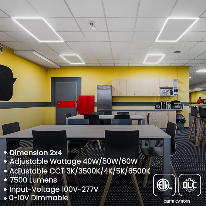 2x4 LED Flat Panel light, Edge-lit Frame Selectable 40W/50W/60W & CCT 3K/3500K/4K/5K/6500K, 7500LM, LED 2x4 Ceiling Light, 0-10V Dimmable Drop Ceiling Light Fixture, Led Flat Panel (4Pack)
