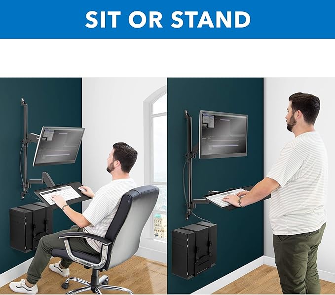 Mount-It! Wall Mount Workstation with Single Monitor Mount, Keyboard Tray and CPU Holder, Height Adjustable Full Motion Arms, Fits One 32 Inch Computer Screens