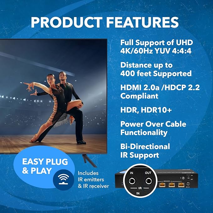 OREI 1x4 HDMI Extender Splitter Over Single CAT6/7 Cable 4K@60Hz with HDBaseT, HDR, HDCP 2.2 with IR Remote EDID Management - Loop Out - Up to 400 Ft - Low Latency