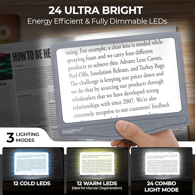MAGNIPROS Patented 5X Large LED Page Magnifier with Detachable Stand | Eye Caring 3 Color Light Modes & Anti-Glare Lens to Reduce Eye Strain-Ideal for Reading Fine Print, Crafting, Low Vision Seniors