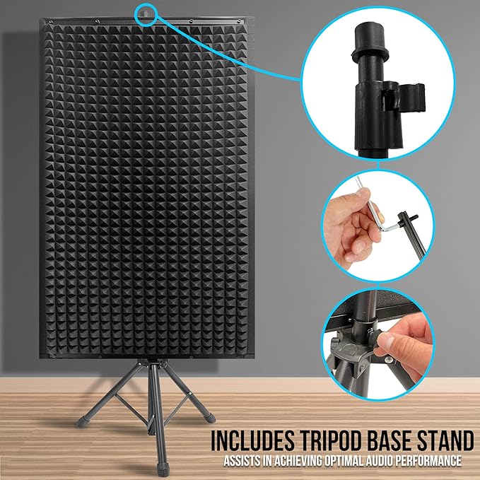 Sound Wall Panel Studio Foam - Acoustic Isolation Absorber Shield and Dampening Wedge with Height Adjustable Stand, Includes Tripod Base Stand, 2 Pack - Pyle PSIP24X2